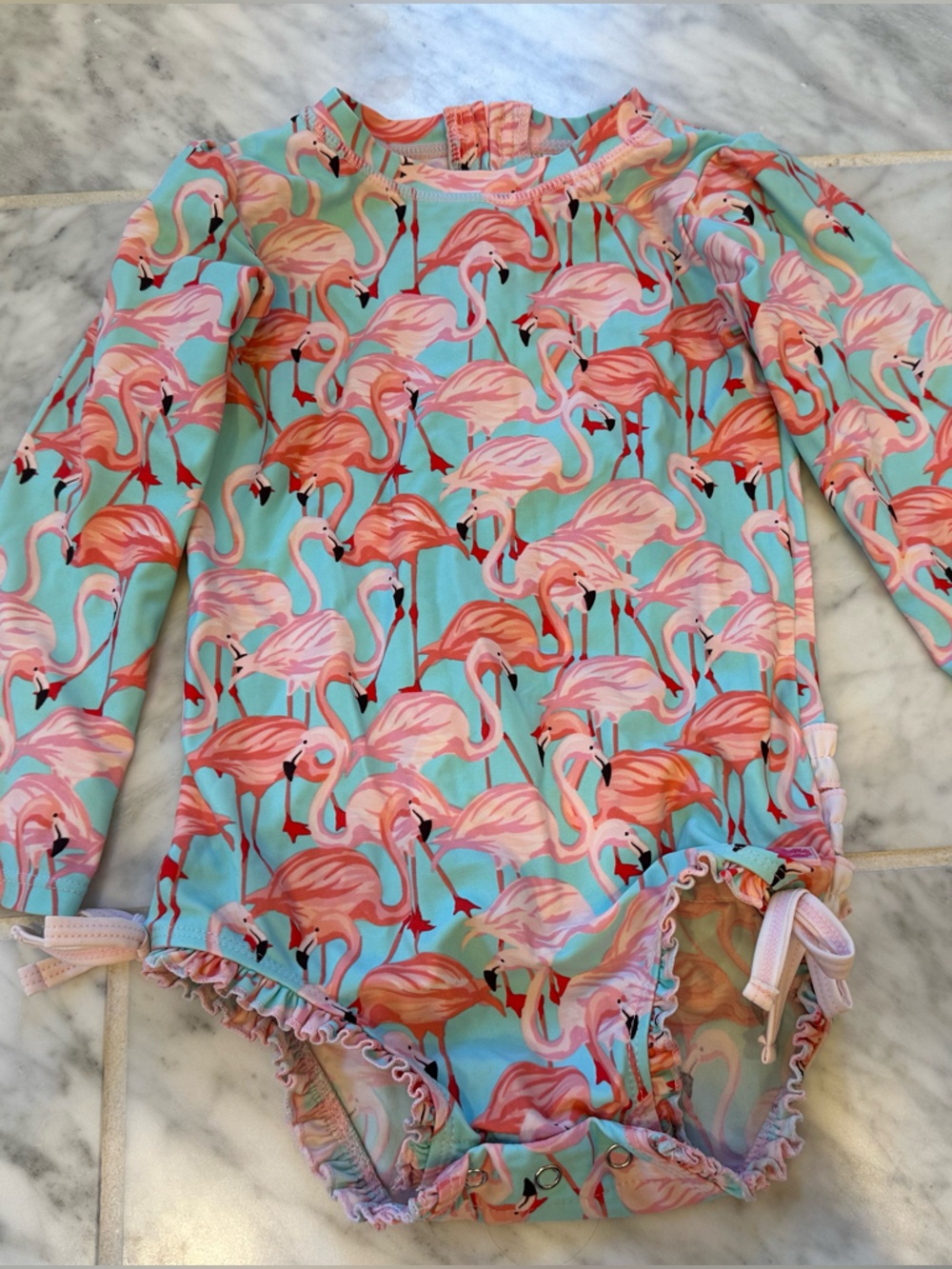Girls Long Sleeve Rash Guard Swimsuit - Pink Flamingo Print